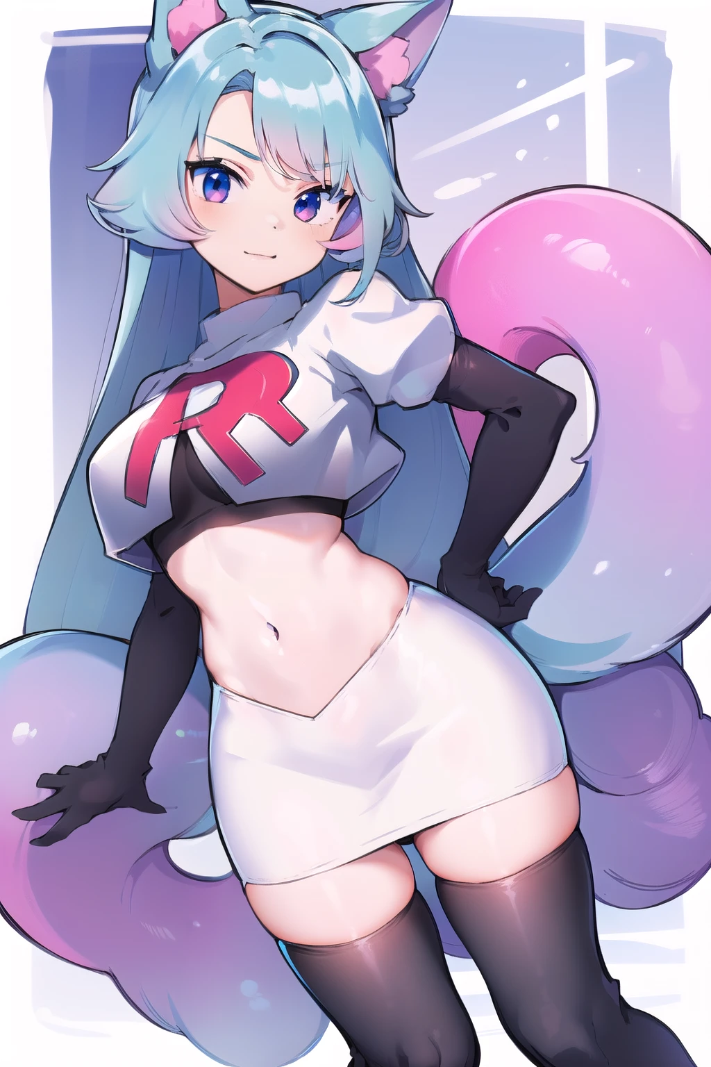 pixel-Silvervale 1girl, team rocket,team rocket uniform,white skirt,red letter R,crop top,black thigh-highs,black elbow gloves, masterpiece, best quality