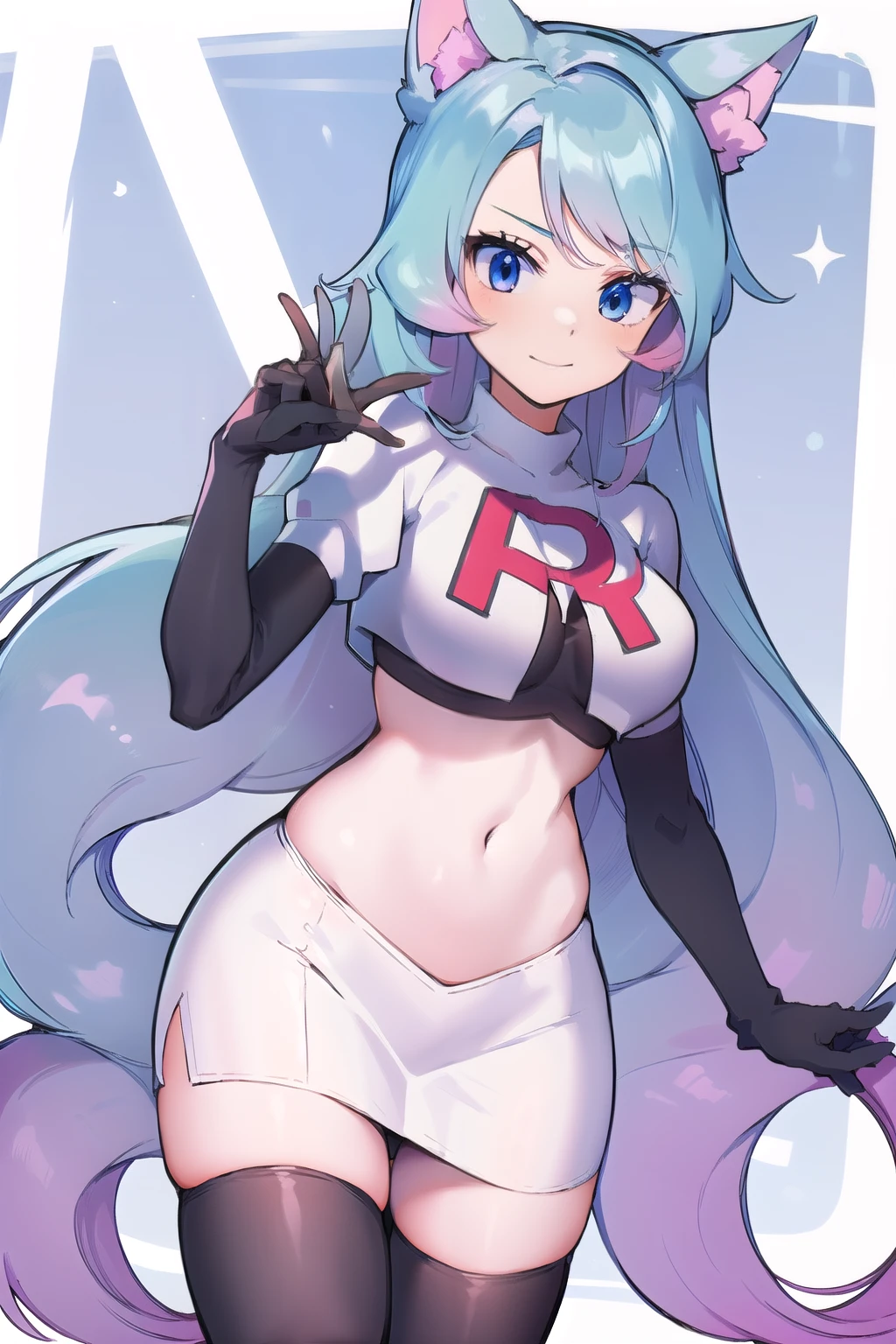 pixel-Silvervale 1girl, team rocket,team rocket uniform,white skirt,red letter R,crop top,black thigh-highs,black elbow gloves, masterpiece, best quality