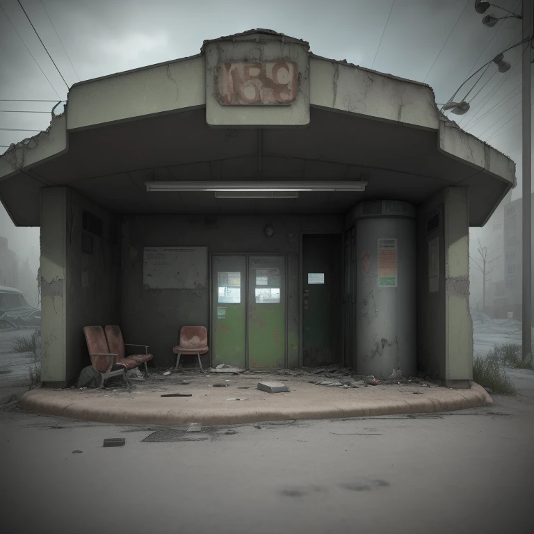 there is a small shelter with a chair in the middle of it, dark city bus stop, soviet bus stop, abandoned bus stop, cyberpunk bus stop, bus stop, with 3 d render, with 3d render, post apocalyptic police station, temporary emergency shelter, abandoned night hangar, post apocalyptic building, bus station, subway station, containment pod, silent hill concept art