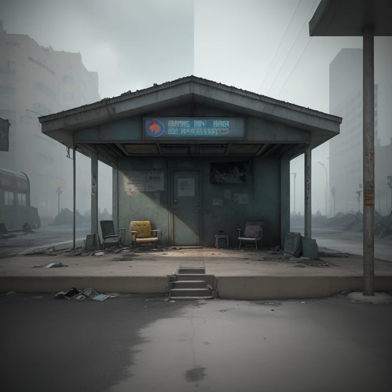 there is a small shelter with a chair in the middle of it, dark city bus stop, soviet bus stop, abandoned bus stop, cyberpunk bus stop, bus stop, with 3 d render, with 3d render, post apocalyptic police station, temporary emergency shelter, abandoned night hangar, post apocalyptic building, bus station, subway station, containment pod, silent hill concept art