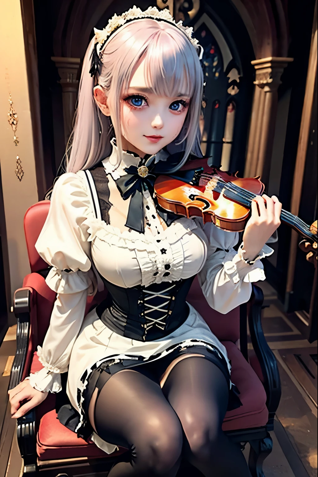 ハードDark Gothicメイク、Deep Night Sky、Horror、Black dark eyeshadow、sad、Good skin radiance、Dark Gothicメイク、Dark smile、palace、24-years-old、Embarrassed look、Dark Gothic、Obscene language、highest quality、Drunk face、紫のMaid clothes、Mysterious、Noble、sexy、Loving smile、Right blue eye, Left eye is red、Platform Heel Shoes、Heavy makeup、Gothic Lolita Clothing、Silver Hair、Long Hair Straight Hair、Cute Gothic Lolita Dress、Beautiful Face、elegant features、Fascinating face、Stained glassが背景、Chest glistening with sweat、The room is dark、gothic long dress、Bell Sleeves、Wizard Sleeve、Decadent look、Sexually excited expression、Glossy thighs wet with water、Thighs that are wet and shiny with oil、Background of a room full of roses、The embroidery is pink、The dress has pink embroidery、Thigh-high socks、Knee-high socks、Gentle expression、Dark black eyeshadow、Stained glassと薔薇背景、Female Duo、Female couple、dark church background、Stained glass、Black metal world、Dark Castle、Slender body、gothic long dress、Maid clothes、Victorian dresses、Her thighs glisten with sweat、My body is wet and shiny、Lots of glitter on the thighs、My thighs are sticky from sweating、Sweat glistens on the thighs, The whole body is sweaty and shiny、Quite sweaty、My thighs are sweaty、My thighs are so wet、My thighs are shining with sweat、A lot of sweat glistens all over the body、Small breasts、Orchestra StageStage、Dynamic Angle、sitting on a gothic chair、Play the violin gracefully、With a violin、Press the violin strings、violinist、orchestra performance、Thin thighs、slender、Violin body and strings、Sit on a chair、pantyhose、