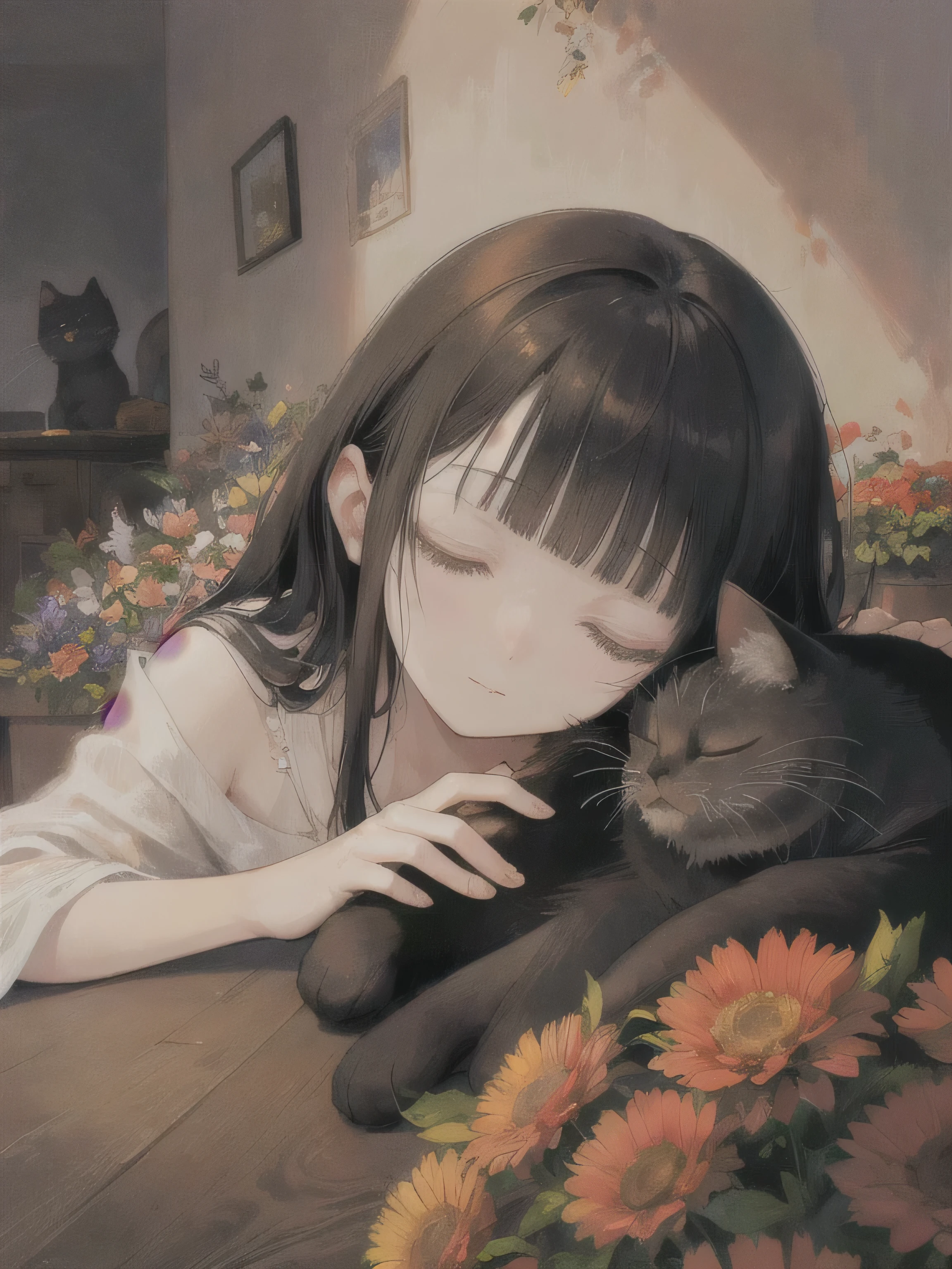 Realistic digital painting of a sleeping cat with its eyes closed, surrounded by vibrant flowers, under dramatic lighting. The girl with black hair is softly petting the cat, creating a heartwarming scene. The colors are rich and saturated, with a focus on warm tones to create a cozy atmosphere. The brush strokes are visible, adding texture and depth to the painting. The lighting creates striking contrasts, casting deep shadows and highlighting the details of the cat and flowers. The perspective is from a slightly elevated angle, offering a serene view of the scene. This artwork is reminiscent of the style of renowned digital artist, Aja Trier, known for her captivating animal portraits.