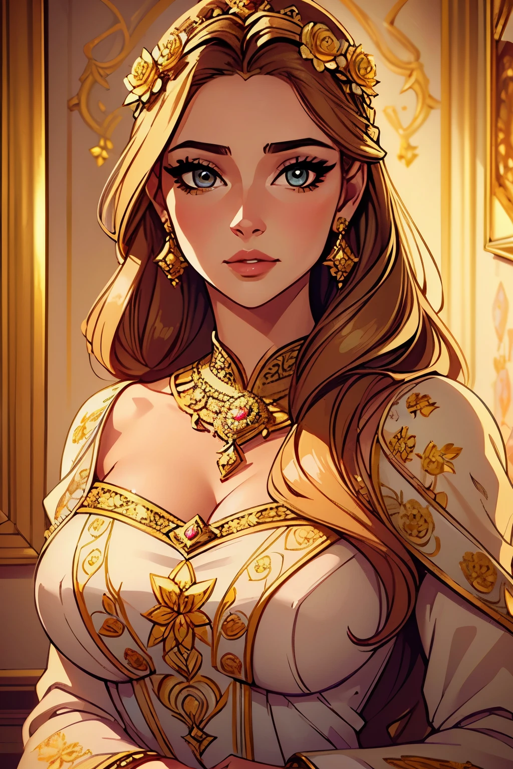 a beautiful young girl in an elegant painting frame, princess wearing a gorgeous dress, beautiful detailed eyes, beautiful detailed lips, extremely detailed face and features, long eyelashes, delicate facial expression, flowing hair, intricate floral patterns, ornate golden frame, soft lighting, warm color palette, ultra-detailed, 8k, masterpiece, digital art, portrait, cinematic lighting