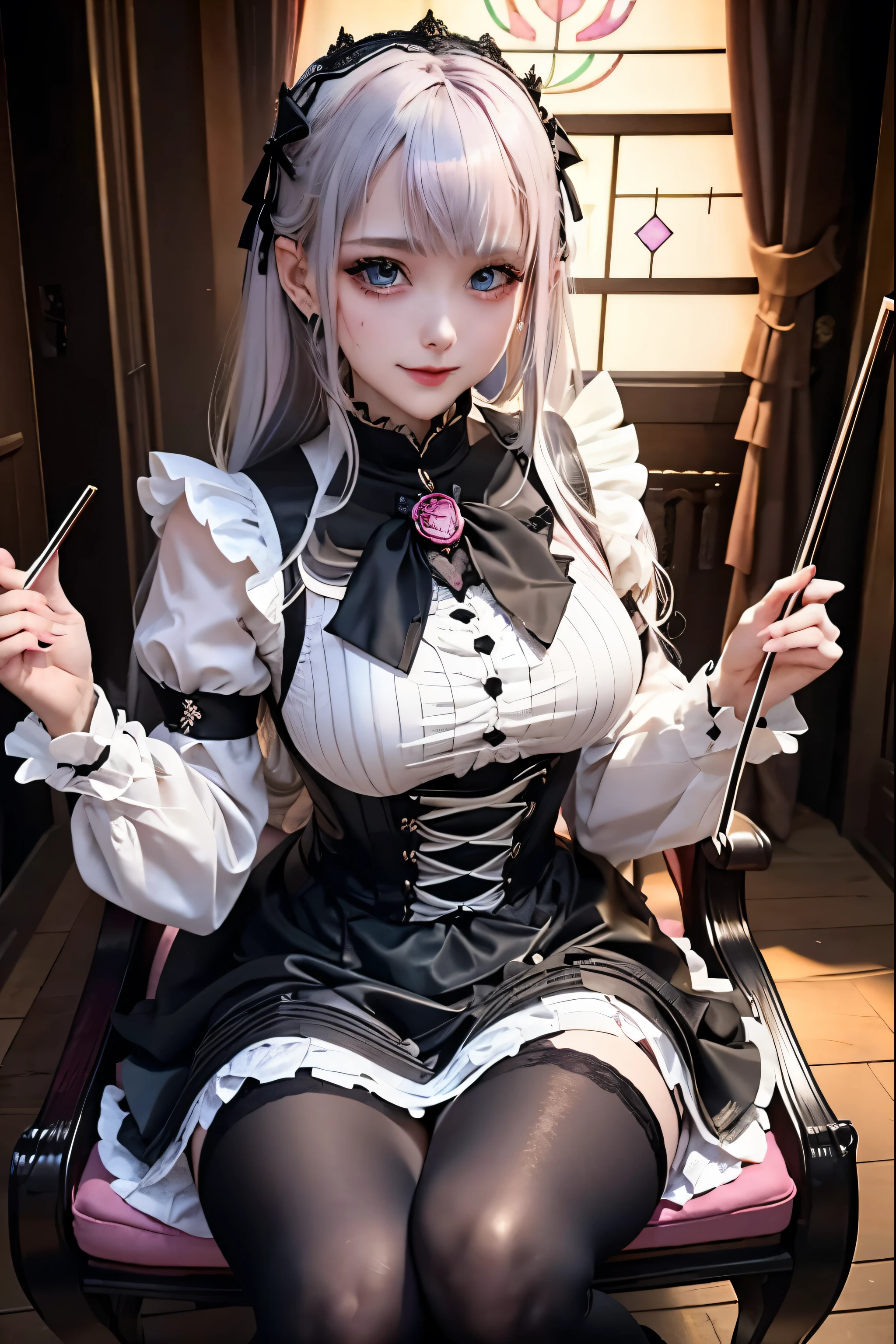 Hard Dark Gothic Makeup、Deep Night Sky、Horror、Black dark eyeshadow、sad、Good skin radiance、Dark Gothicメイク、Dark smile、palace、24-years-old、Embarrassed look、Dark Gothic、Obscene language、highest quality、Drunk face、紫のMaid clothes、Mysterious、Noble、sexy、Loving smile、Right blue eye, Left eye is red、Platform Heel Shoes、Heavy makeup、Gothic Lolita Clothing、Silver Hair、Long Hair Straight Hair、Cute Gothic Lolita Dress、Beautiful Face、elegant features、Fascinating face、Stained glass is the background、Chest glistening with sweat、The room is dark、gothic long dress、Bell Sleeves、Wizard Sleeve、Decadent look、Sexually excited expression、Glossy thighs wet with water、Thighs that are wet and shiny with oil、Background of a room full of roses、The embroidery is pink、The dress has pink embroidery、Thigh-high socks、Knee-high socks、Gentle expression、Dark black eyeshadow、Stained glass and rose background、Female Duo、Female couple、dark church background、Stained glass、Black metal world、Dark Castle、Slender body、gothic long dress、Maid clothes、Victorian dresses、Her thighs glisten with sweat、My body is wet and shiny、Lots of glitter on the thighs、My thighs are sticky from sweating、Sweat glistens on the thighs, The whole body is sweaty and shiny、Quite sweaty、My thighs are sweaty、My thighs are so wet、My thighs are shining with sweat、A lot of sweat glistens all over the body、Small breasts、Orchestra StageStage、Dynamic Angle、sitting on a gothic chair、Play the violin gracefully、With a violin、Press the violin strings、violinist、orchestra performance、Thin thighs、slender、Violin body and strings、Sit on a chair、pantyhose、