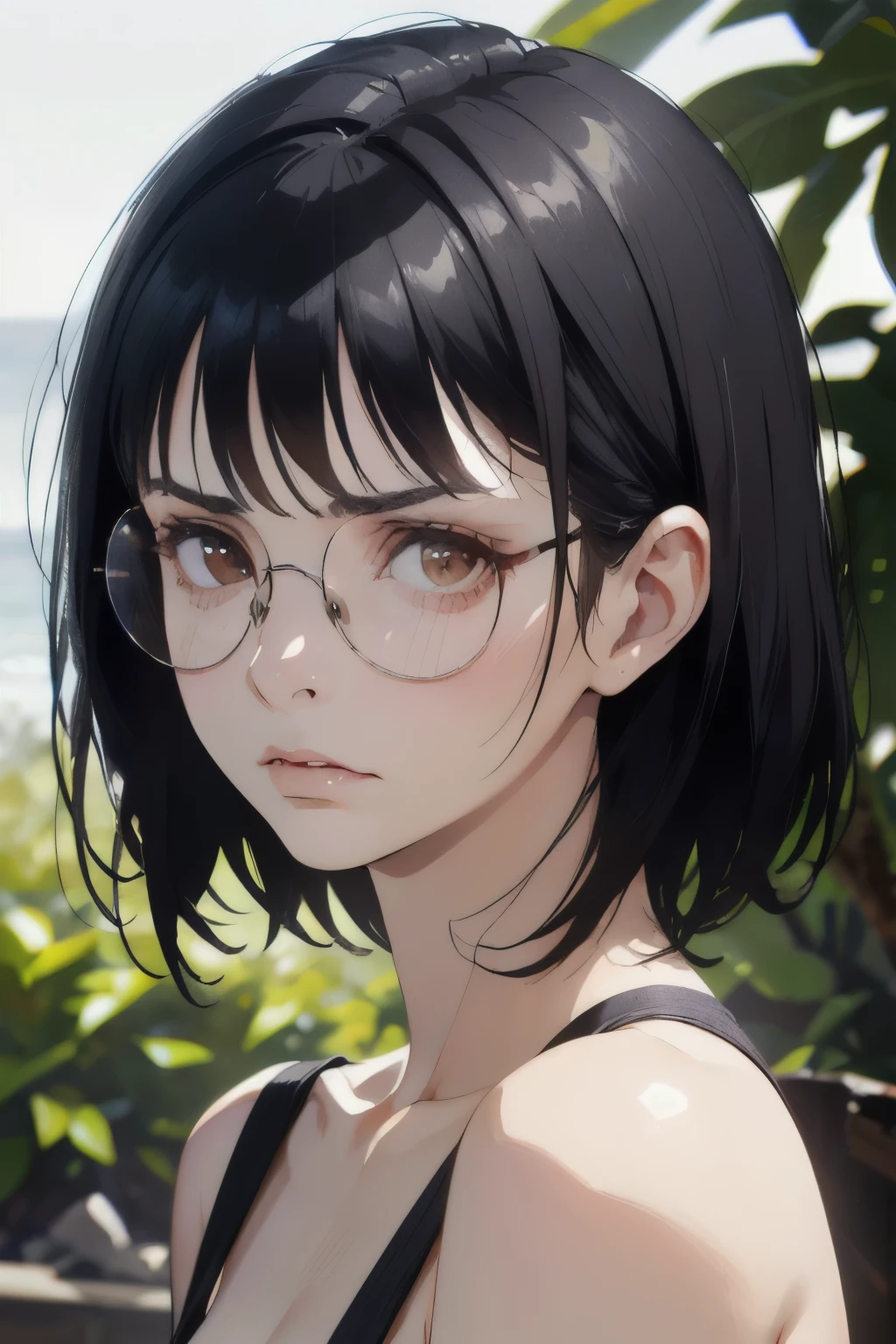 (18 year old woman), (black hair, short hair, bangs, hair down to her shoulders) ((round glasses on her face)) (white skin) angry, western face, dark circles, sad and tired and droopy face, pimples on her face , thin nose, ((best quality)), ((ultra resolution)), ((Photorealistic: 1.4)), (intricate details)
