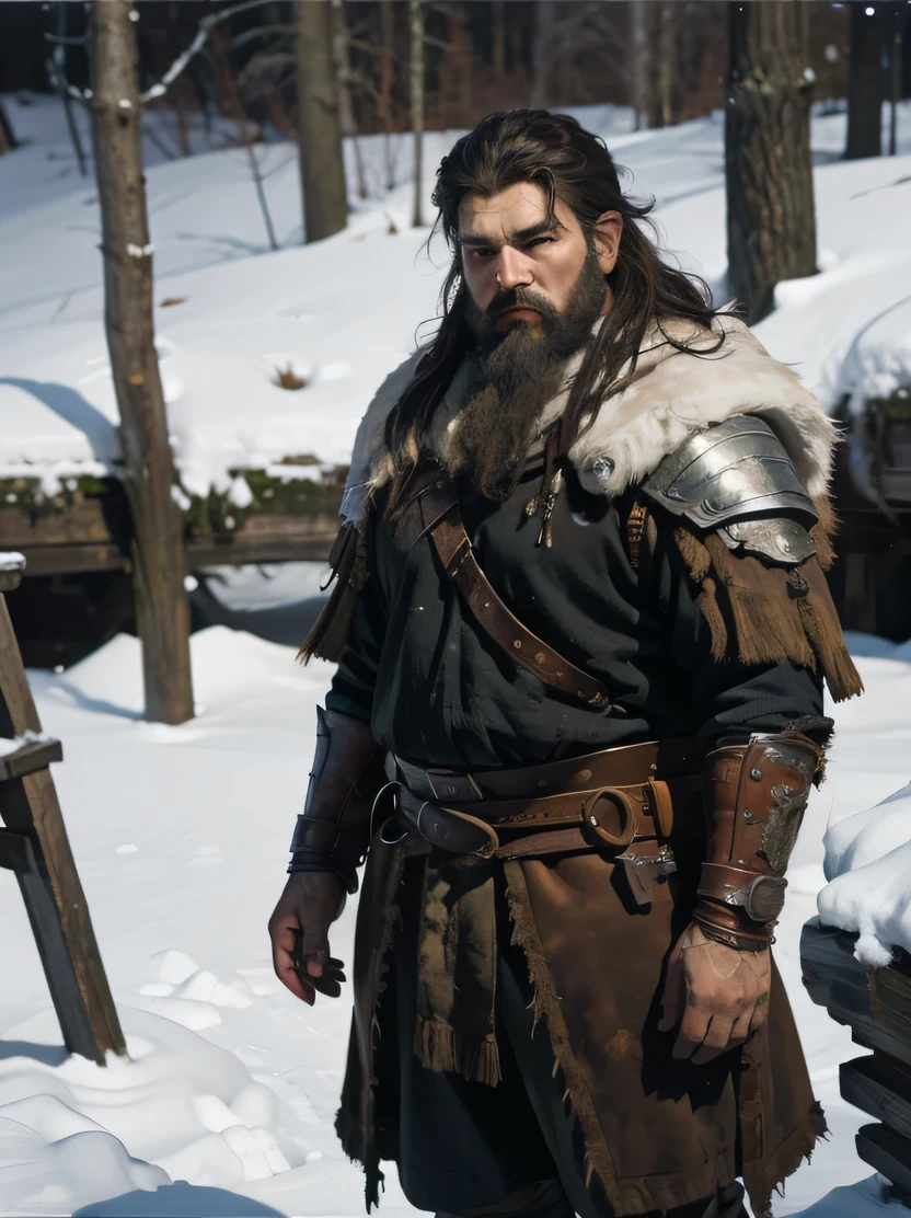 ((masterpiece、highest quality、Very detailed、High resolution、Sharp focus))、The most beautiful dungeons&Dragons artwork、Fantasy Male Dwarf、Short and chubby、Standing barefoot、Bearded、Pointed Ears、Red round nose、Winter coat with leather belt、Leather pouch、Bust Shot、background:Midday、sunny、Winter forest、Snow covered ground、wood、Detailed depiction of the hand、Combat Stance、oil painting
