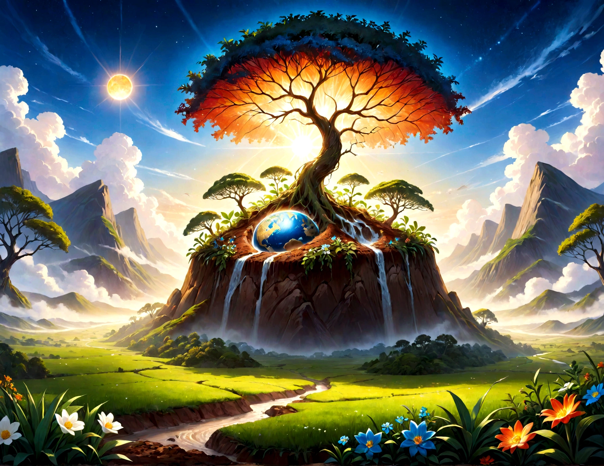 epic scene at the beginning of the creation of the world, When vegetation emerges from the newly formed soil. Painting or visual representation of how plants, Trees and flowers sprout from the earth, Under the soft light of a newborn sun. Use vibrant colors and realistic details to capture the beauty of this unique moment in Earth's history.