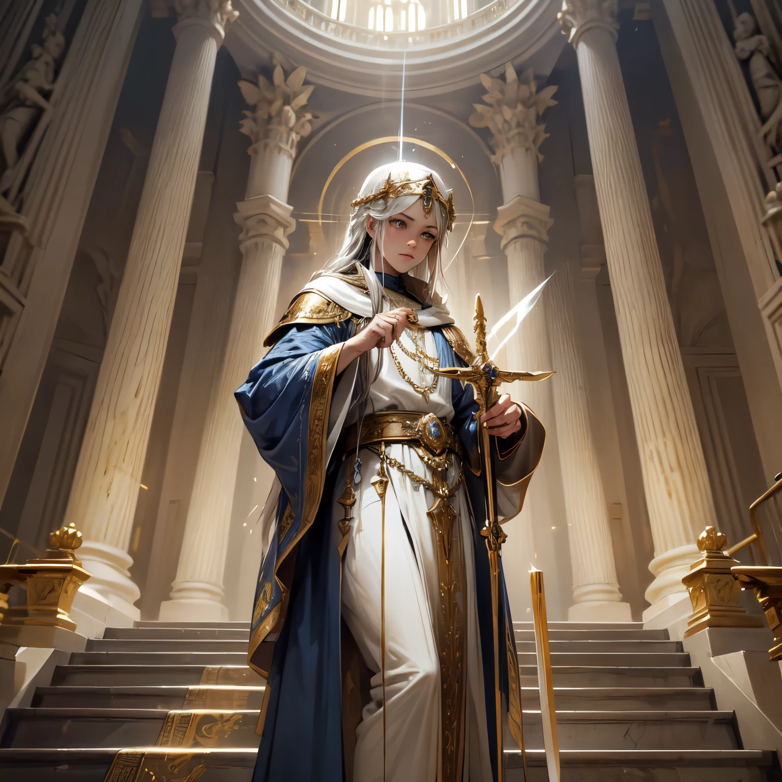 Crie uma imagem digital ultra HD de 8K de um nobre guerreiro Arcebispo sagrado de cabelos loiros, longos e cacheados, descendo as escadas reais do castelo. O Arcebispo tem olhos azuis profundos e pele clara. He is dressed in a blue velvet royal robe with gold and silver trim., adornado com joias sagradas que brilham suavemente. Ele usa uma mitra dourada com pedras preciosas, gold bracelets on the wrists and a sacred amulet around the neck. Nas escadas reais, o Arcebispo empunha a Espada de Zeus. The sword is made of celestial gold and emits golden rays, with divine inscriptions along the blade that shine brightly. The hilt of the sword is adorned with small rays and lightning., simbolizando seu poder supremo. He holds the sword in a pose of determination, pronto para proteger o reino, while electric sparks dance around you. The Sword of Zeus is known for its ability to control thunder and lightning, e uma aura de poder divino emana dela. The royal stairs are grand, with carved wooden handrails and polished marble steps. Lustres de cristal pendem do teto alto, casting a soft, twinkling light. Tapestries and paintings adorn the walls, creating an environment of opulence and history. The image must capture the majesty and importance of the royal stairs, highlighting the Archbishop&#39;s interaction with the Sword of Zeus.