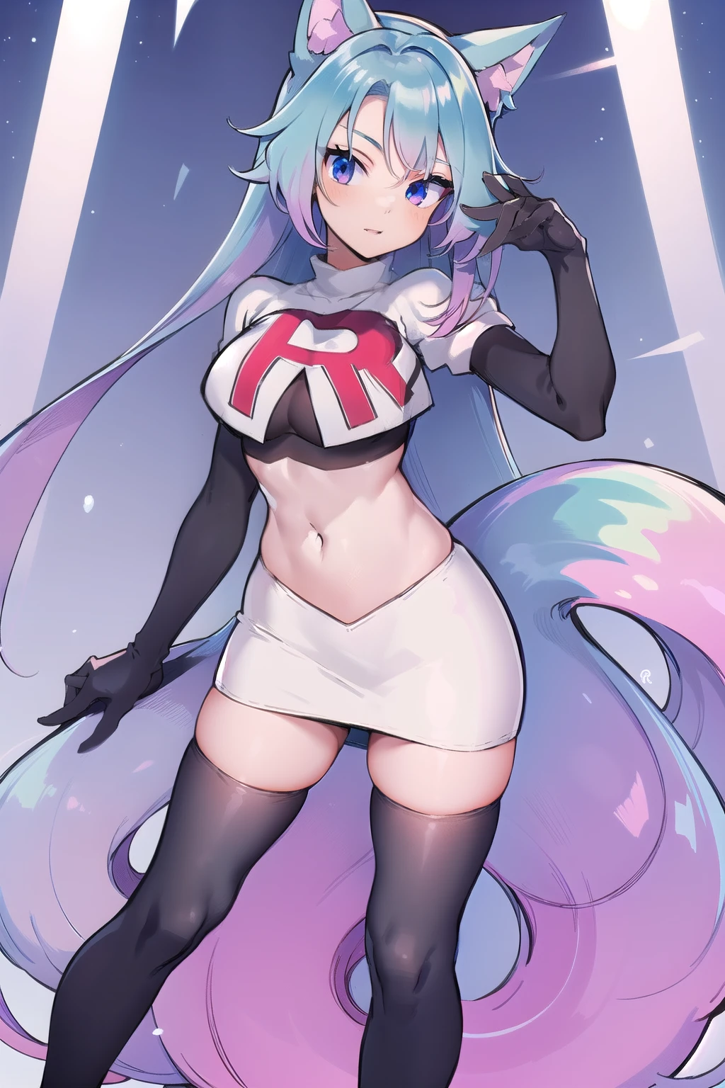 pixel-Silvervale 1girl, team rocket,team rocket uniform,white skirt,red letter R,crop top,black thigh-highs,black elbow gloves, masterpiece, best quality