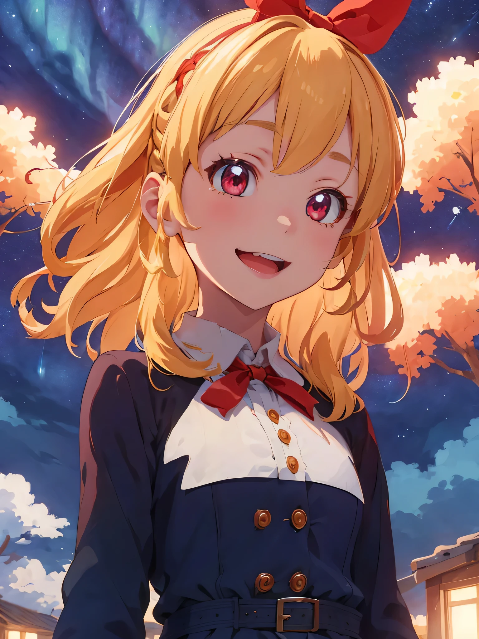 COWBOY Shot,Masterpiece,ultimate,A girl wearing a dress with an aurora pattern, red ribbon on her head, blonde, cute, aurora in the sky, night, the end of the world, looking up at the sky,(from below),Ultra smile,:D