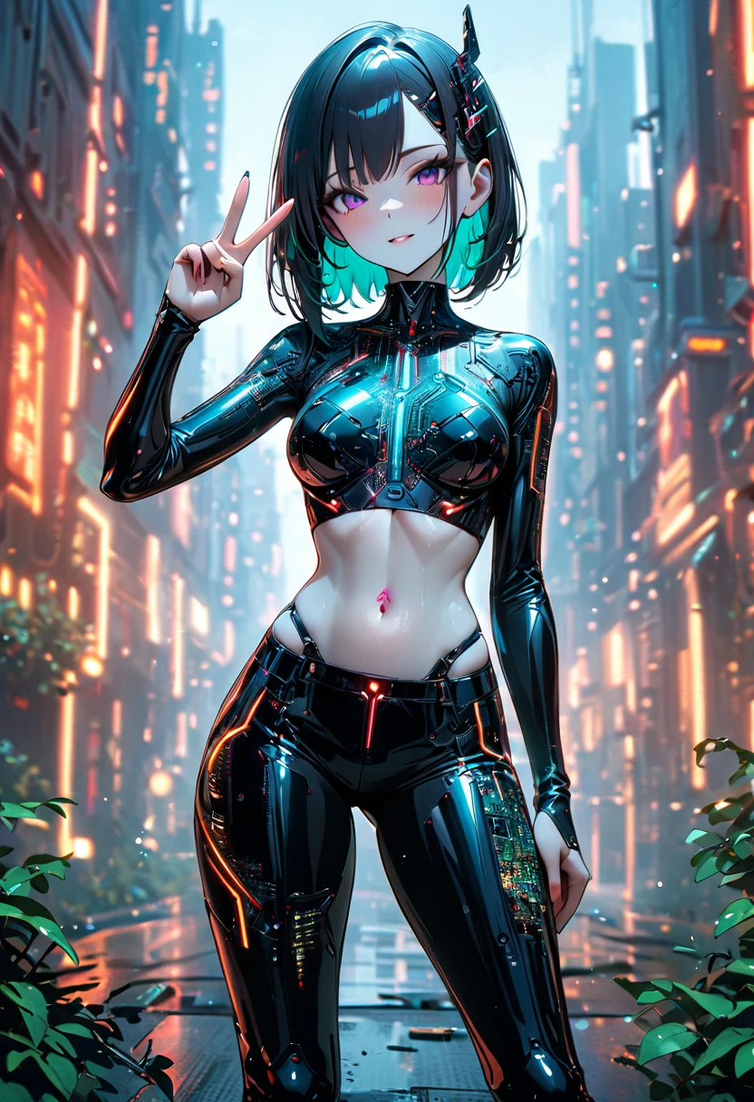 beautiful Cybernetics girl wearing a Futuristic Hair accessories, (Delicate skin), Pale skin, black crop top made of circuit boards, Navel tattoo, sexy Futuristic cyberpunk underpants, on branch, v, Japanese words with glitter effect, cyberpunk City background,Sensual, is attractive, (masterpiece:1.3), (best quality:1.3), (ultra detailed:1.3), 8k, extremely clear