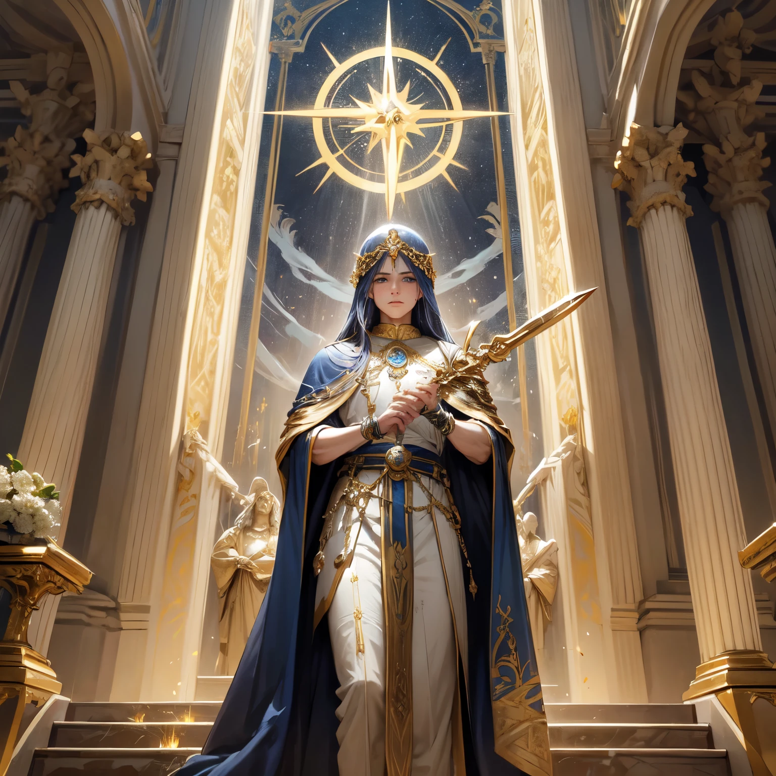 Crie uma imagem digital ultra HD de 8K de um nobre guerreiro Arcebispo sagrado de cabelos loiros, longos e cacheados, descendo as escadas reais do castelo. O Arcebispo tem olhos azuis profundos e pele clara. He is dressed in a blue velvet royal robe with gold and silver trim., adornado com joias sagradas que brilham suavemente. Ele usa uma mitra dourada com pedras preciosas, gold bracelets on the wrists and a sacred amulet around the neck. Nas escadas reais, o Arcebispo empunha a Espada de Zeus. The sword is made of celestial gold and emits golden rays, with divine inscriptions along the blade that shine brightly. The hilt of the sword is adorned with small rays and lightning., simbolizando seu poder supremo. He holds the sword in a pose of determination, pronto para proteger o reino, while electric sparks dance around you. The Sword of Zeus is known for its ability to control thunder and lightning, e uma aura de poder divino emana dela. The royal stairs are grand, with carved wooden handrails and polished marble steps. Lustres de cristal pendem do teto alto, casting a soft, twinkling light. Tapestries and paintings adorn the walls, creating an environment of opulence and history. The image must capture the majesty and importance of the royal stairs, highlighting the Archbishop's interaction with the Sword of Zeus.