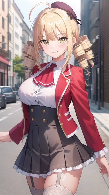 ((masterpiece)),(best quality),official art,extremely detailed CG,unity 8k wallpaper,ultra detailed,beautiful detailed eyes,extremely detailed face,street,1girl,solo,cowboy shot,looking at viewer,facing viewer,smile,reikadou ayame,red hat,mini hat,ahoge,long hair,blonde hair,twin drills,sidelocks,bangs,yellow eyes,red jacket,wing collar,ascot,white shirt,center frills,large breasts,grey skirt,pleated skirt,frilled skirt,garter straps,zettai ryouiki,white thighhighs,loafers,