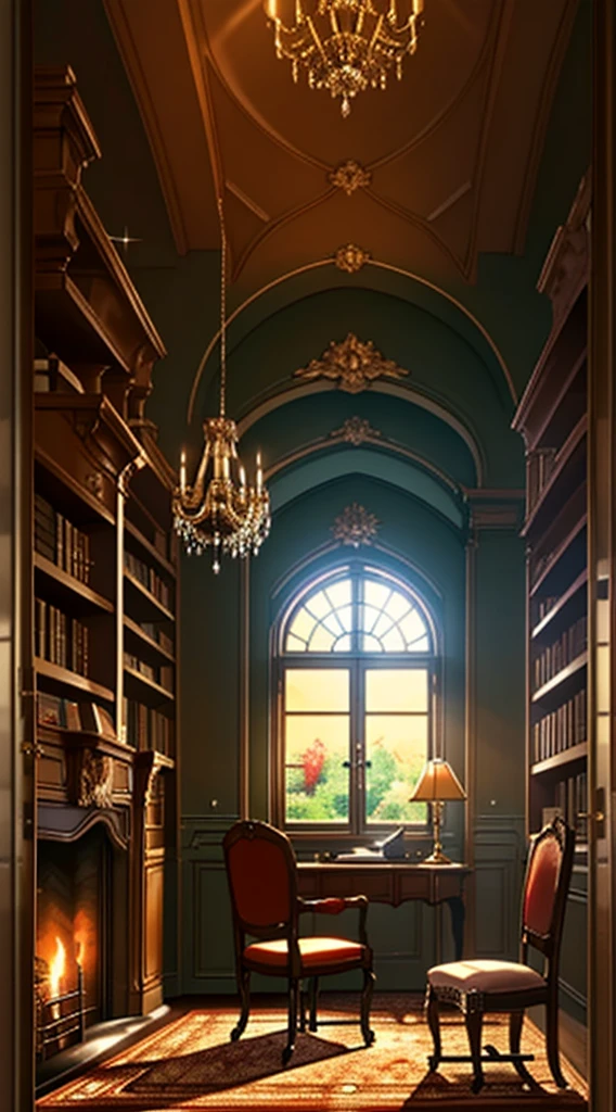 (tmasterpiece, high resolution, ultra - detailed:1.0), (study, desk,Bookshelves,French window, decorations, carpets, fireplace), color difference, Depth of field, dramatic shadow, Ray tracing, Best quality, Cinematic lighting, offcial art