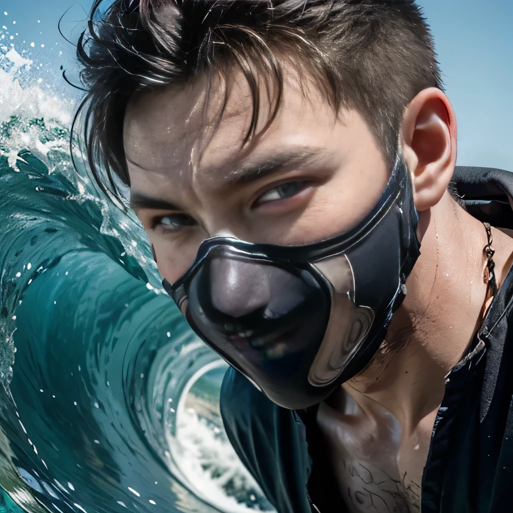 raw photo , 8K, ultra detailed, (realistic:1.2), (1man, ninja, masked:1.4), 30yo,(dynamic, close up),(wave:1.3), 