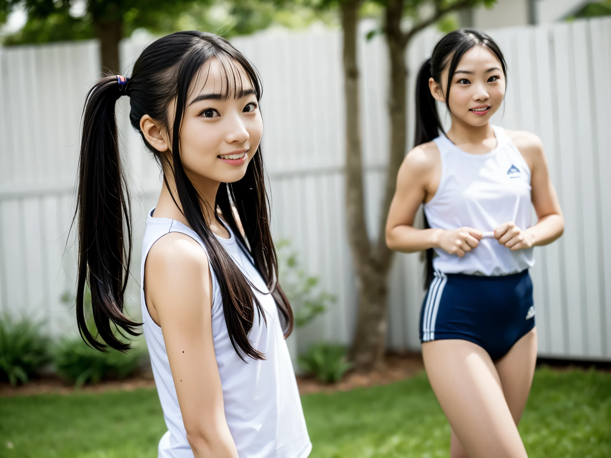 (masterpiece, highest quality:1.4), Award-winning portraits, 8k, 85mm, alone, Beautiful Face, Delicate girl,  (On the grass), Sophisticated, cute, , RAW Photos, Confused, High resolution, Sharp focus, Background Blur、(((flat  、thin and delicate body、Childish atmosphere)))、shiny semi-long hair、ponytail、I have a small mole on my left cheek、 Dark brown eyes、Hair swaying in the wind、sexy、flexible legs、Simple gym wear without text、Run、topless