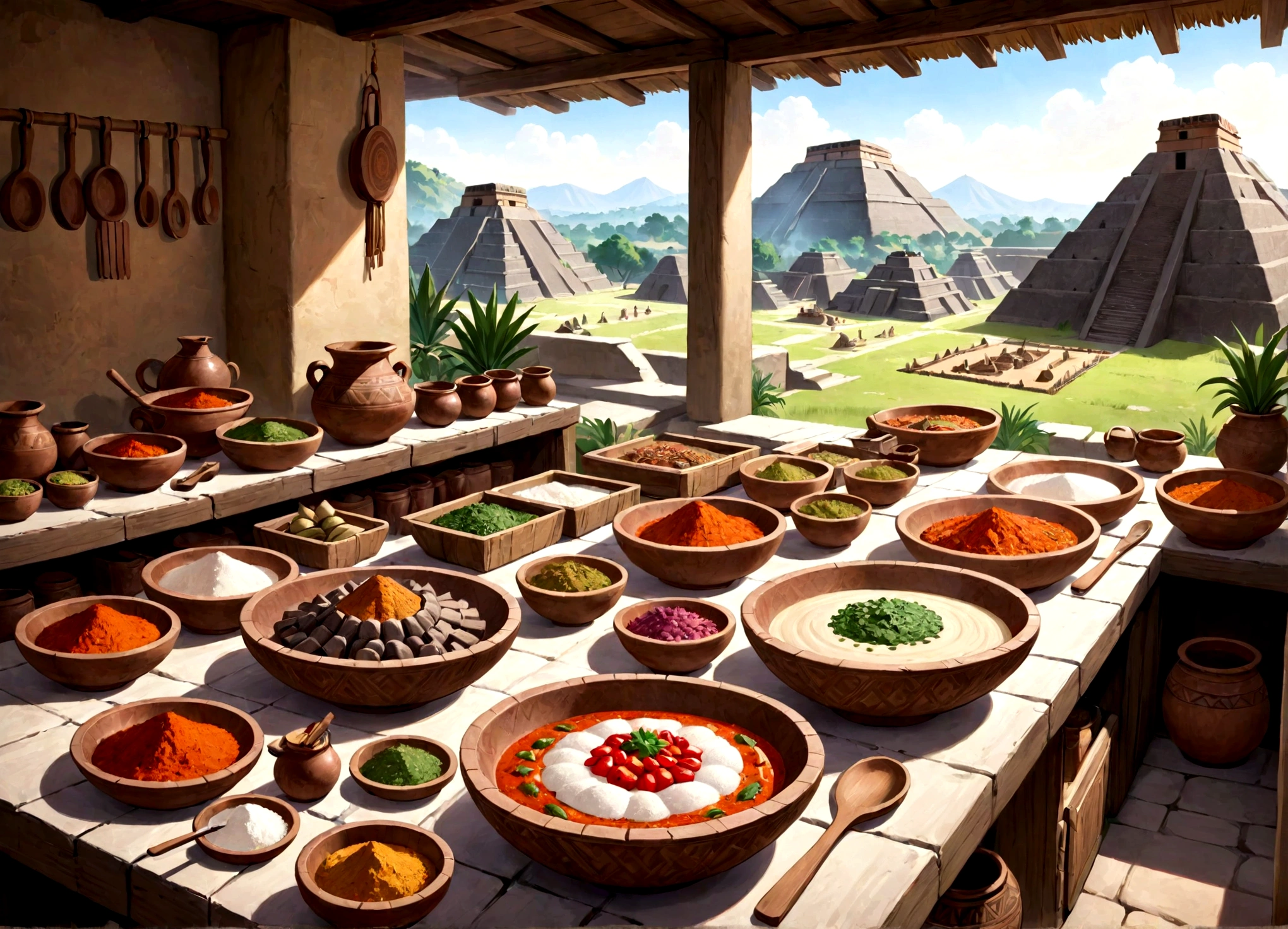 PREPARATION OF PREHISPANIC FOOD IN 1455, BY THE AZTEC PEOPLE WITH THEIR INGREDIENTS AND KITCHEN UTENSILS