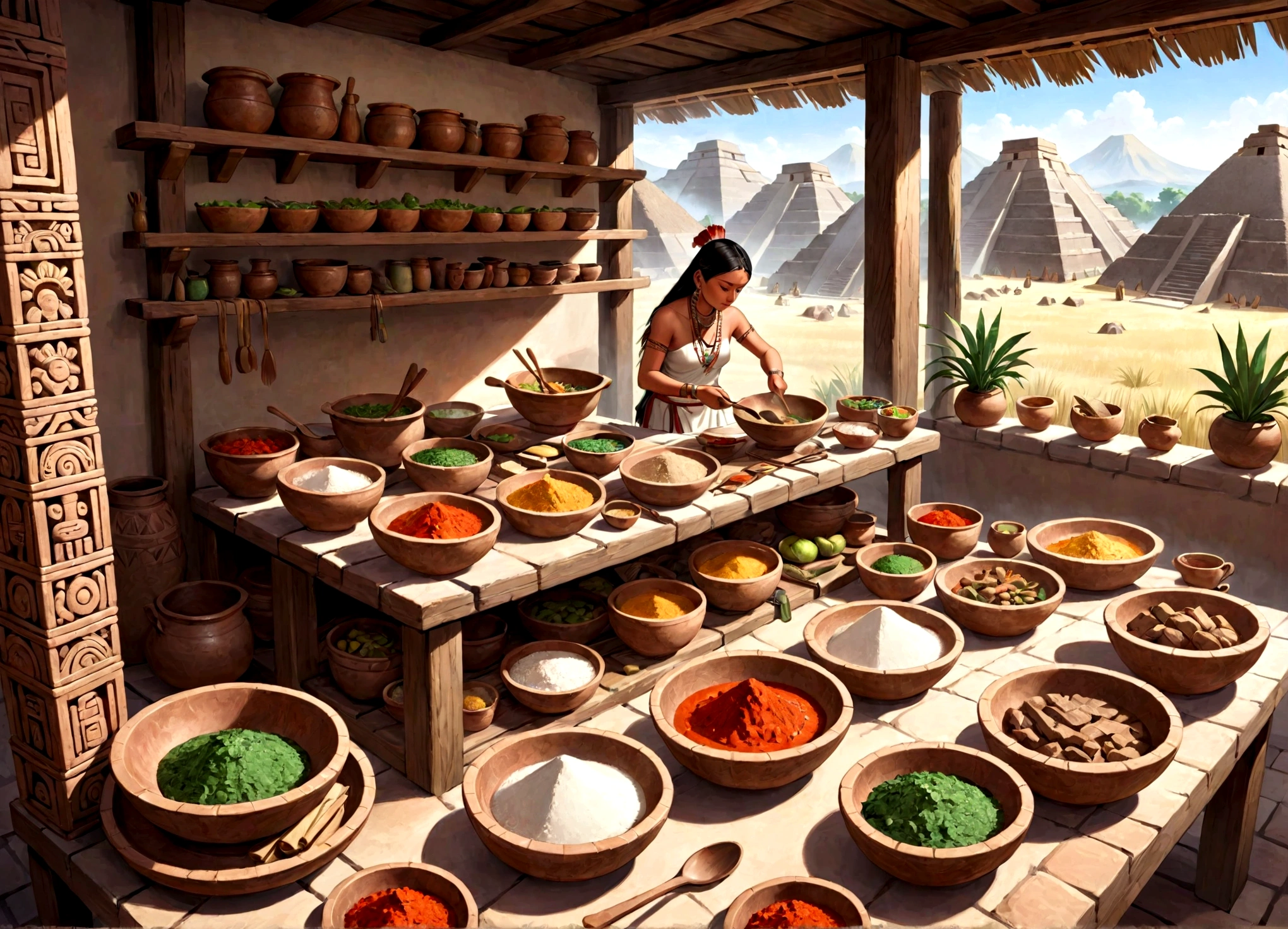 PREPARATION OF PREHISPANIC FOOD IN 1455, BY THE AZTEC PEOPLE WITH THEIR INGREDIENTS AND KITCHEN UTENSILS