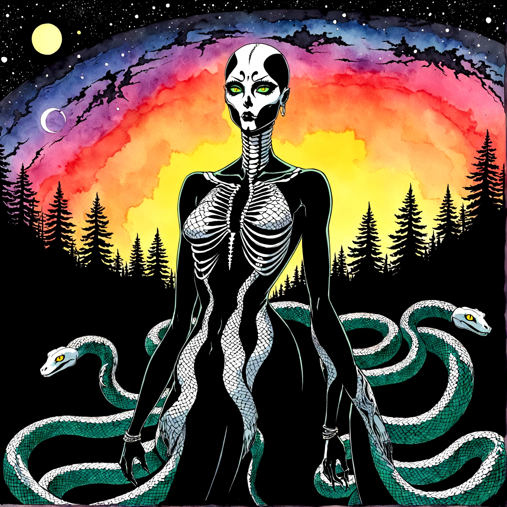 watercolor, charcoal, surreal, animated hand drawn cartoon rotoscope, (full roygbiv color) ink expressive illustration, no light source, darkness, light mask uv rays across face, absurd, with rich color grading, cel shading, warm and unified colors, animated, VHS, glitch, distorted, nostalgia, 90's retro vibe, hyper maximal, strange, hyperrealistic, rotoscope expressive ink bold line hand drawn, in a cinematic style, analog tape, vcr aesthetics, tv, television, hand drawn, minimal, precise, Medusa, splash page decompressed comic cover art, ink style figure, ((expressive Joelle Jones and "Sean Gordon Murphy" comic drawing)), wordless, cinematic poster, , forest green, earth brown), morphology anatomy drawn Frederic Delavier musculature anatomical illustration, (face, ornate black metal corpse paint, resembles Grace Jones), abyss void black no visibility darkness, full length portrait, colors, bleak muted deep fiery radiant glowing ROYGBIV, (background, pine barrens, entropy, rewilding, magic hour sunset, galaxy stars, cosmos), candid, snake skin dress, (body, Naga, snakefolk, lower body snake tail, snake woman hybrid, bald, hairless, skeleton, snake skin tattoos, piercing eyes, snake pupils, over the shoulder), craftsmanship nuance, (Gerardo Zaffino charcoal), (horror, abstract, surreal, body, cosmic), subliminal orchids, nyctophobia, silhouette, double exposure, image within image,