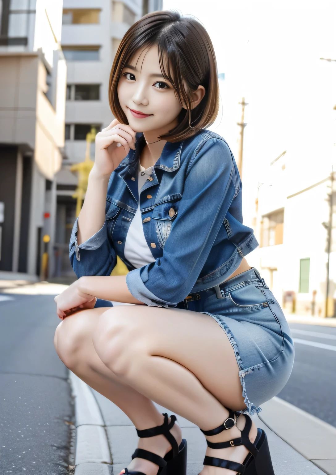 Photo taken by a professional photographer,Close-up of a woman squatting on the sidewalk with her legs crossed, kiko mizuhara, (wearing a white camisole∶1.5), Shirahime cut brown hair, (young and cute girl:1.2), japanese model, large breasts, slim body like a model, (beautiful legs), slim body like a model, Chiho, (wearing a denim micro mini skirt:1.3), Cute ide waves with short hair, a cute young woman, cute young woman,black high heels sandals,smile, Looking at the camera,