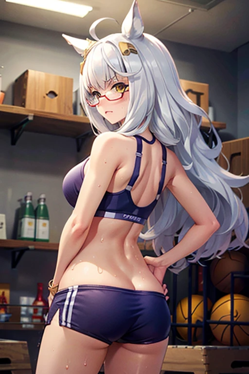 biwa hayahide \(umamusume\) in sexy mini shorts and sports bra, under rim glasses, crouched deadlifting with a bar with her back facing a gym mirror, sweating, High Resulution, UHD, detailed image.