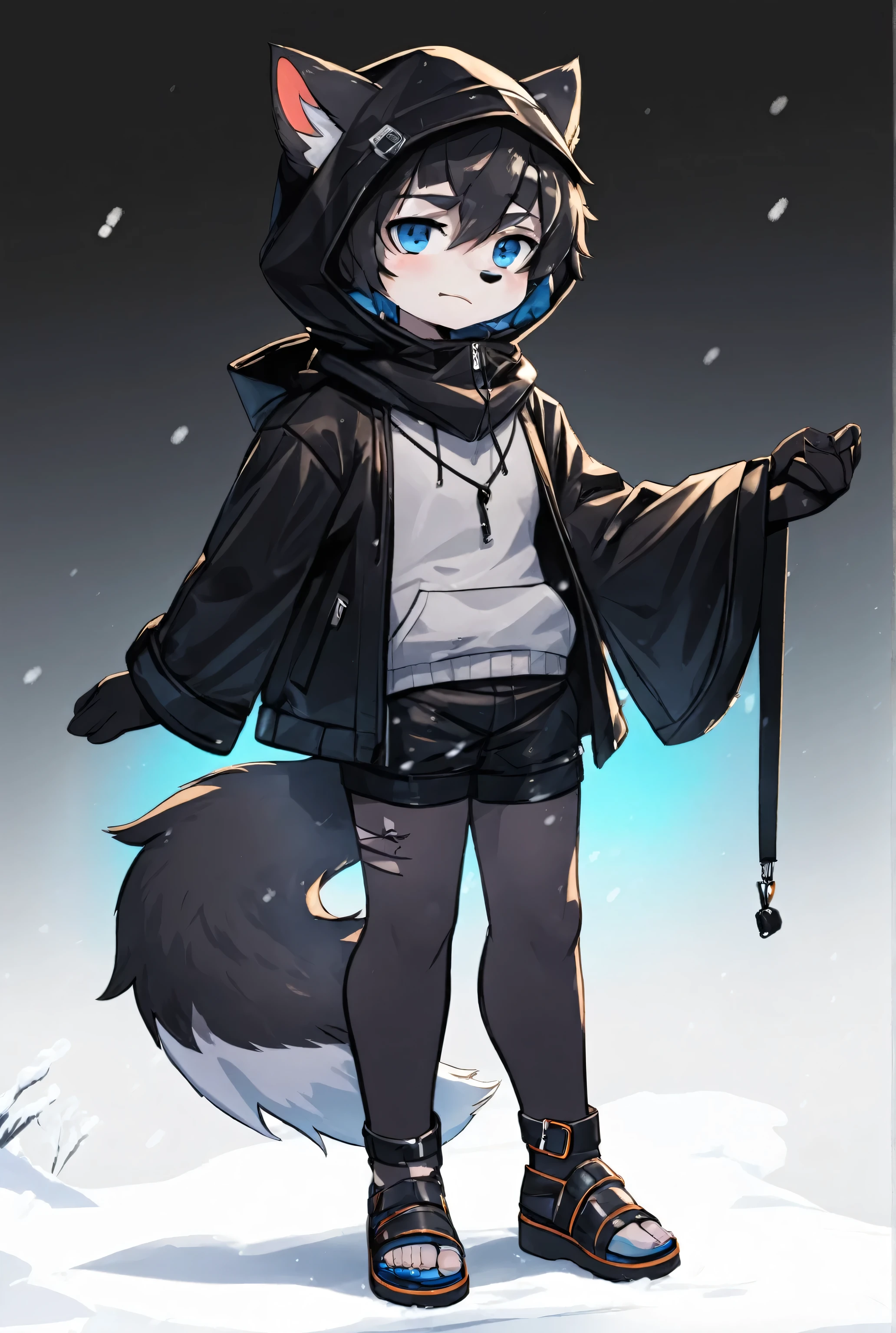 solo, furry, tail, snow background, animal ears, full body, simple background, hood, looking at viewer, bandaid, standing, short hair, black hair, grey fur, hood up, hair ornament, closed mouth, furry male, hair between eyes, blue eyes, animal nose, body fur, black fur, hairclip, jacket, jewelry, sandals,eye with tear,cry, sadness