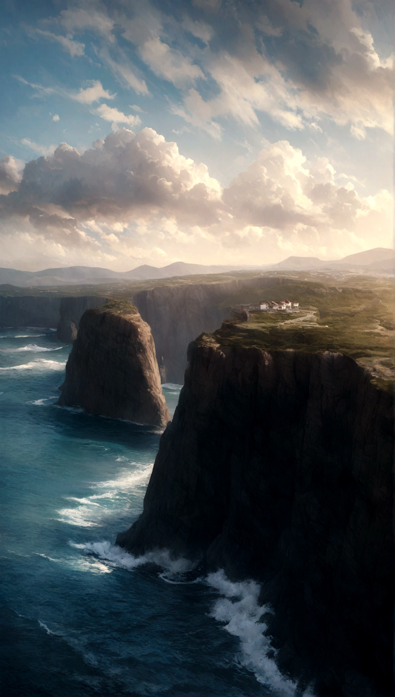 Haruk, realistic, hyper-realistic, ocean next to cliffs, bright sky and clouds.