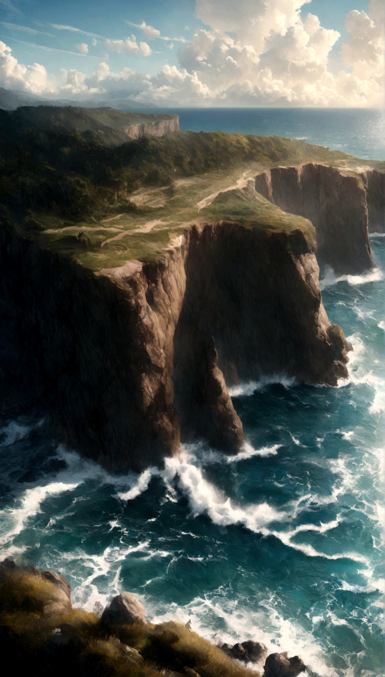 Haruk, realistic, hyper-realistic, ocean next to cliffs, bright sky and clouds.