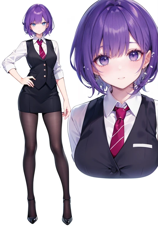 ((Perfect Face)),Purple Hair,short hair,1 female,bartender,,Black vest,tie,High heels,,((Simple White background)),((smile)),((full body)),((whole body)),Portraits,virtual,upright,