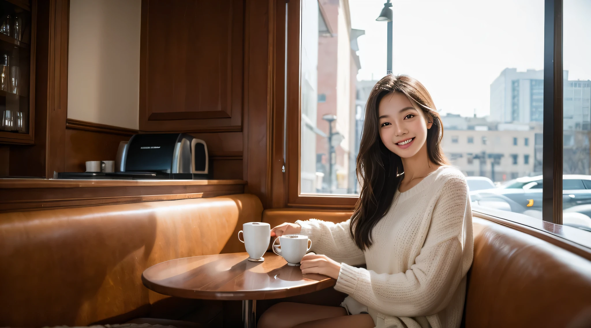 best quality, masterpiece, Ultra-high resolution, (Reality:1.4), RAW photos, 1 smiling girl, shiny skin, Low profile, Cold Light, Sit in a cozy cafe, Drink coffee.
