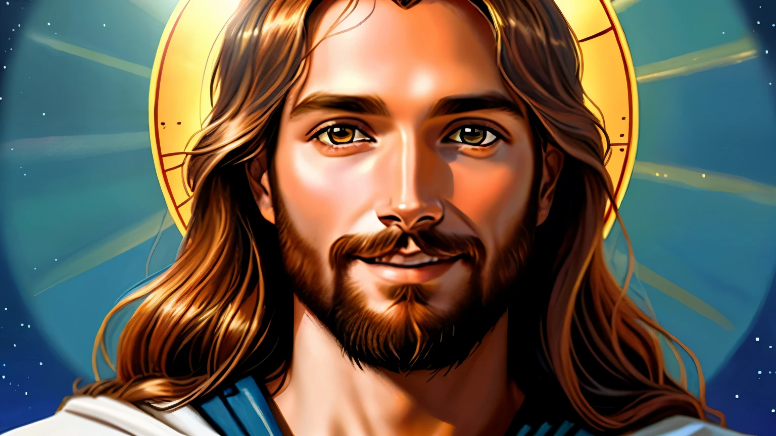 A painting of Jesus with a halo in the sky, Jesus Cristo, smiling in the sky, Portrait of Jesus Cristo, rosto de jesus, Jovem Deus Todo-Poderoso, retrato de um deus celestial, Greg Olsen, Jesus Gigachad, Jesus of Nazareth, Jesus, a face de deus, Deus olhando para mim
