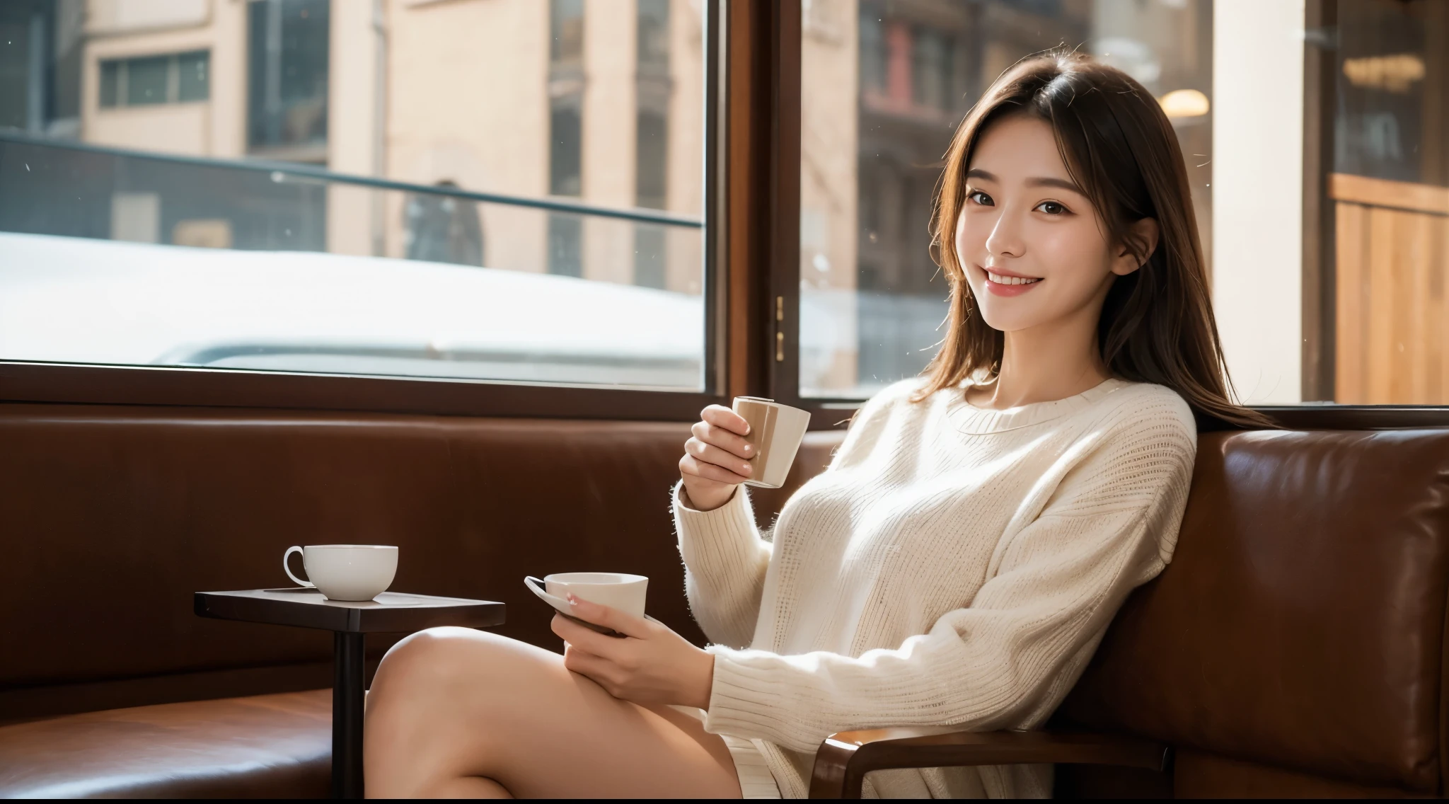 best quality, masterpiece, Ultra-high resolution, (Reality:1.4), RAW photos, 1 smiling girl, shiny skin, Low profile, Cold Light, Sit in a cozy cafe, Drink coffee.