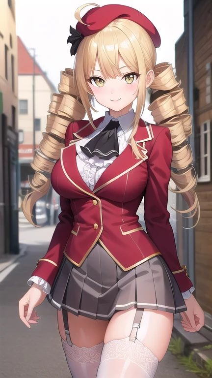 ((masterpiece)),(best quality),official art,extremely detailed CG,unity 8k wallpaper,ultra detailed,beautiful detailed eyes,extremely detailed face,street,1girl,solo,cowboy shot,looking at viewer,facing viewer,smile,reikadou ayame,red hat,mini hat,ahoge,long hair,blonde hair,twin drills,sidelocks,bangs,yellow eyes,red jacket,wing collar,ascot,white shirt,center frills,large breasts,grey skirt,pleated skirt,frilled skirt,garter straps,zettai ryouiki,white thighhighs,loafers,