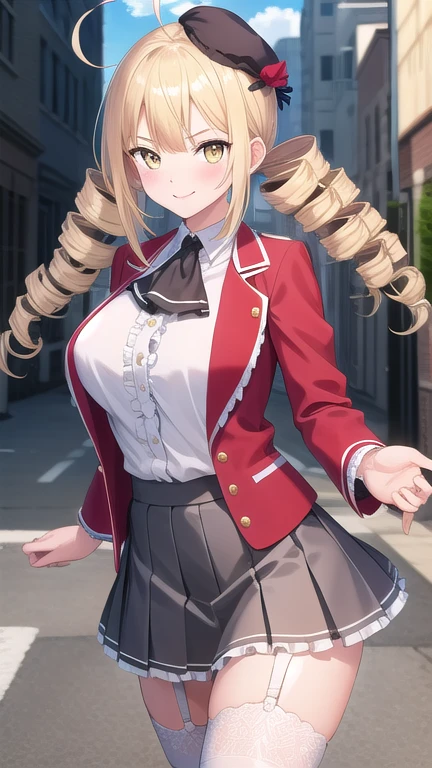 ((masterpiece)),(best quality),official art,extremely detailed CG,unity 8k wallpaper,ultra detailed,beautiful detailed eyes,extremely detailed face,street,1girl,solo,cowboy shot,looking at viewer,facing viewer,smile,reikadou ayame,red hat,mini hat,ahoge,long hair,blonde hair,twin drills,sidelocks,bangs,yellow eyes,red jacket,wing collar,ascot,white shirt,center frills,large breasts,grey skirt,pleated skirt,frilled skirt,garter straps,zettai ryouiki,white thighhighs,loafers,