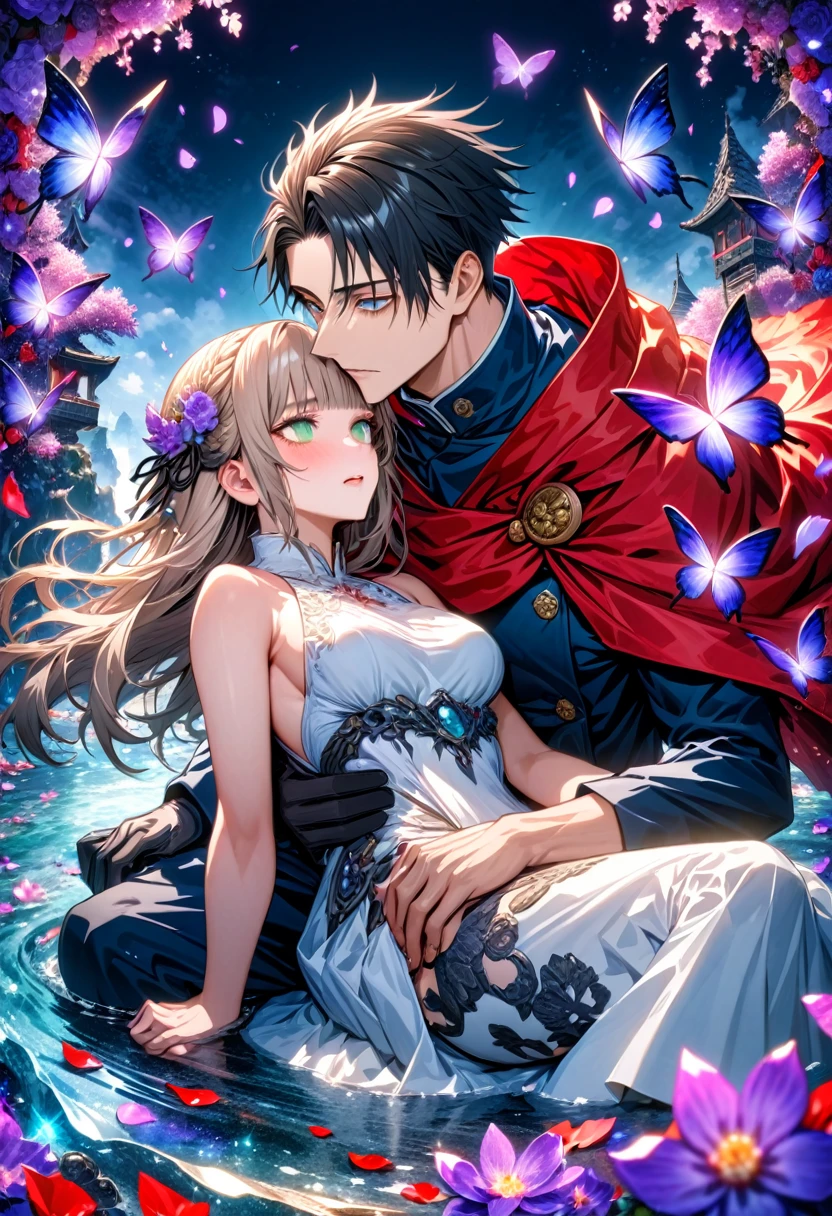 Ultra detailed, highres, absurdres, HDR, master piece, Okkotsu Yuuta, black hair, expressive dark blue eyes, Aida, ash blond hair with bangs, green eyes, white fantasy dress with black patterns, red cape, Jujutsu Kaisen, fantasy, petals, purple butterflies, purple flowers, water, black ribbon on her hair, black gloves, a handsome man together with a beautiful woman, sexy, couple, love, magic, best quality, extremely detailed face and eyes,