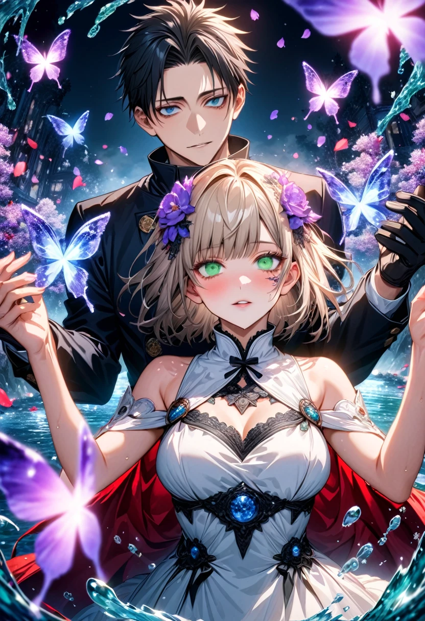 Ultra detailed, highres, absurdres, HDR, master piece, Okkotsu Yuuta, black hair, expressive dark blue eyes, Aida, ash blond hair with bangs, green eyes, white fantasy dress with black patterns, red cape, Jujutsu Kaisen, fantasy, petals, purple butterflies, purple flowers, water, black ribbon on her hair, black gloves, a handsome man together with a beautiful woman, sexy, couple, love, magic, best quality, extremely detailed face and eyes,