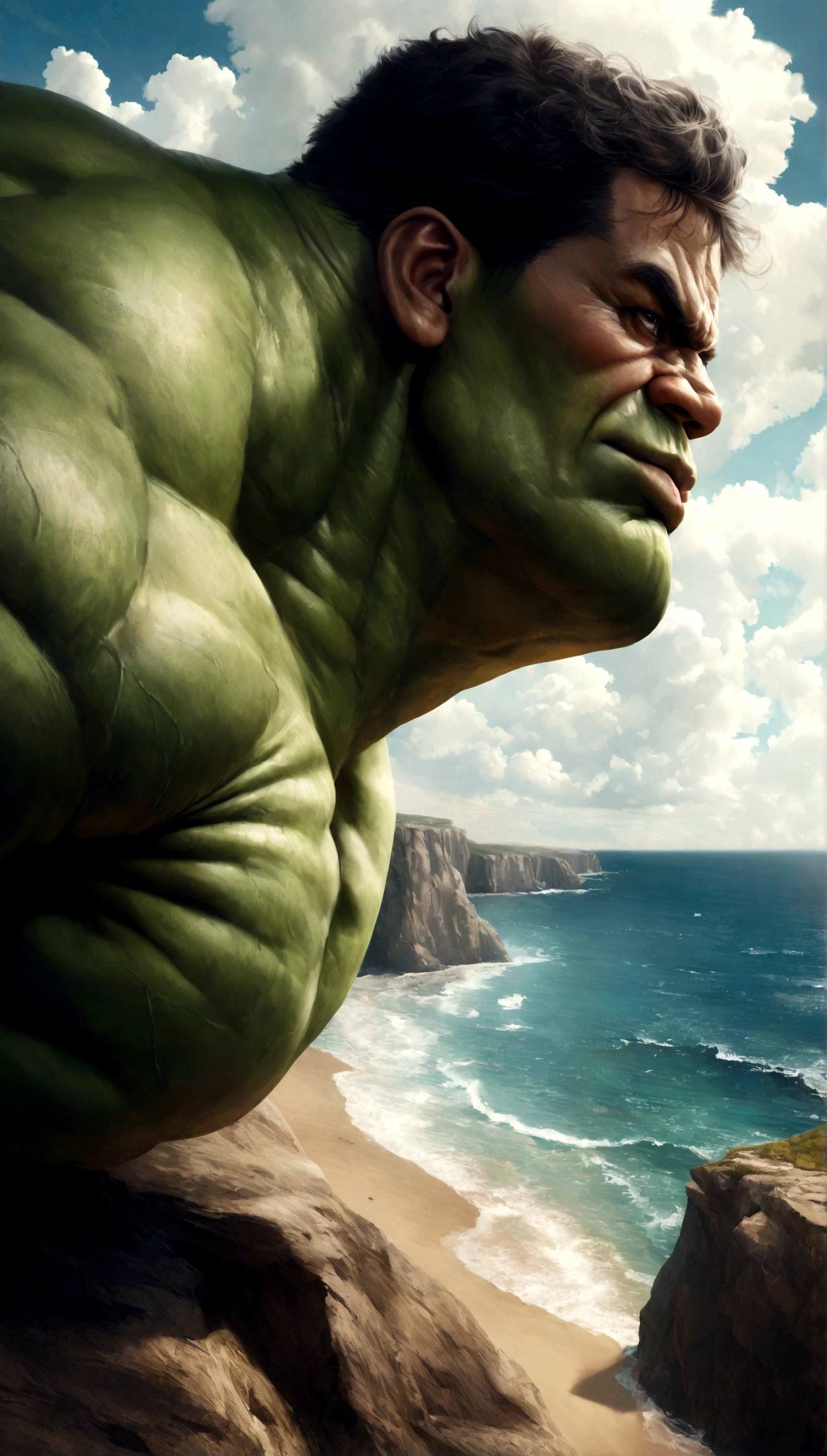 Hulk, realistic, hyper-realistic, ocean next to cliffs, bright sky and clouds.