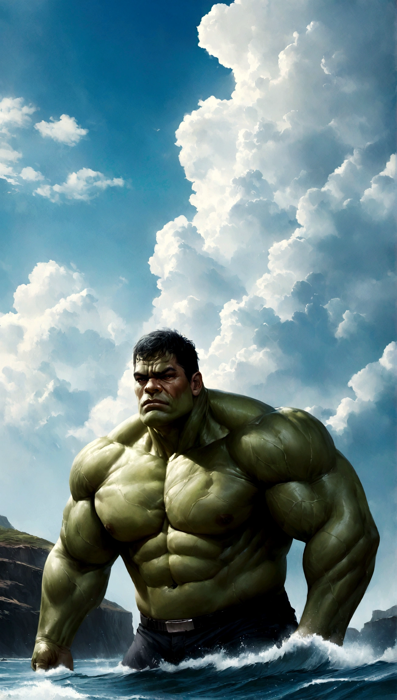 Hulk, realistic, hyper-realistic, ocean next to cliffs, bright sky and clouds.