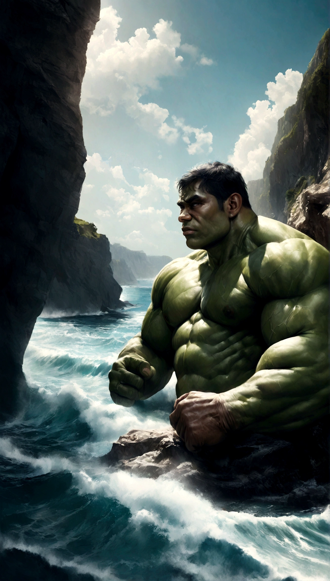 Hulk, realistic, hyper-realistic, ocean next to cliffs, bright sky and clouds.