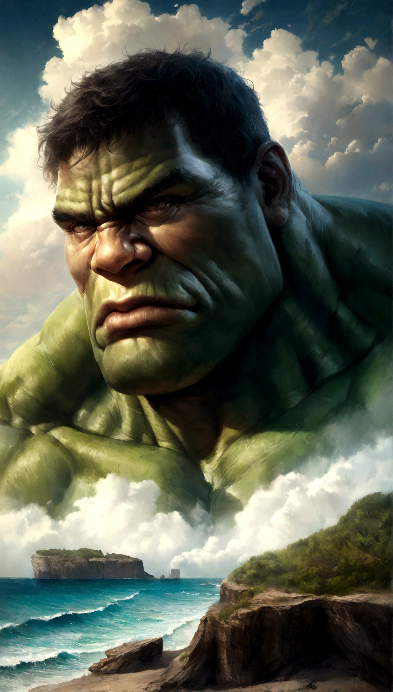 Hulk, realistic, hyper-realistic, ocean next to cliffs, bright sky and clouds.