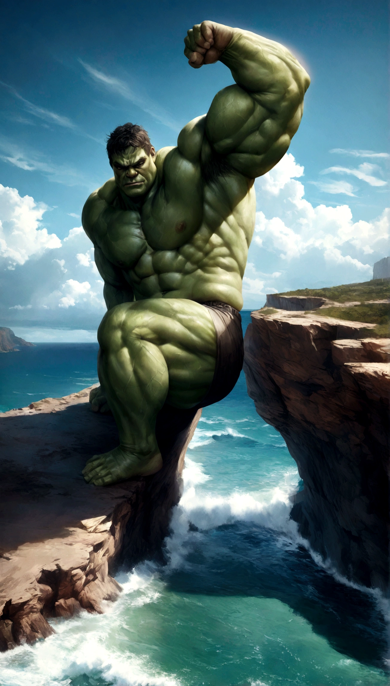 Hulk, realistic, hyper-realistic, ocean next to cliffs, bright sky and clouds.