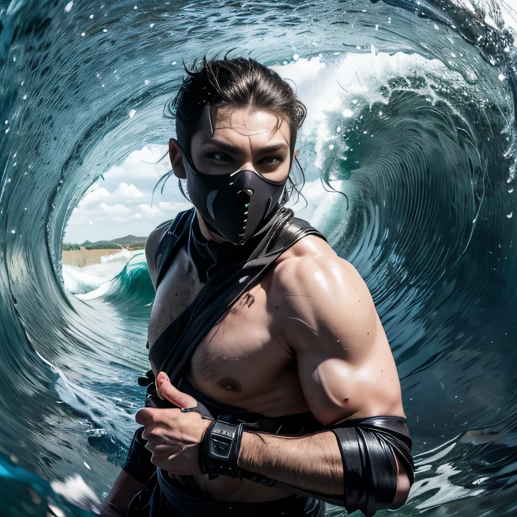 raw photo , 8K, ultra detailed, (realistic:1.2), (1man, ninja, masked:1.4), 30yo,(dynamic, cowboy shot),(wave:1.3),