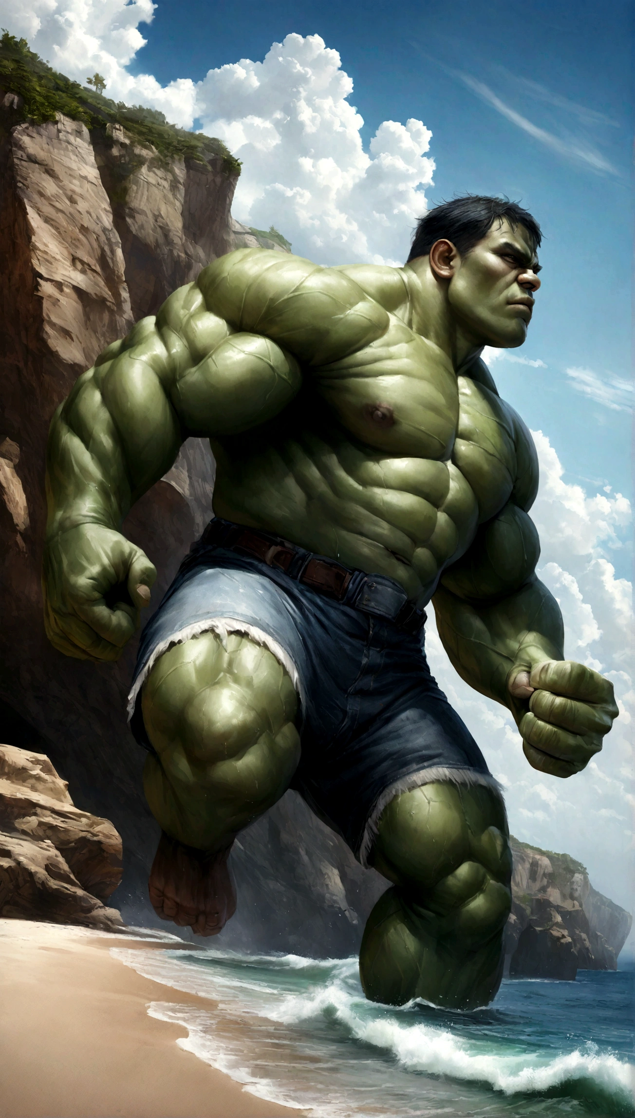 Hulk, realistic, hyper-realistic, ocean next to cliffs, bright sky and clouds.