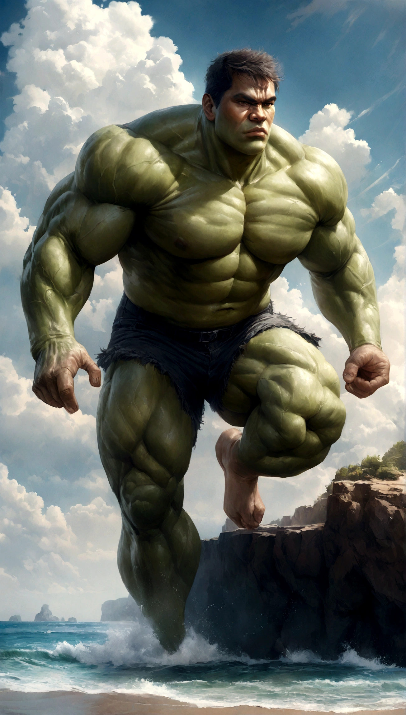 Hulk, realistic, hyper-realistic, ocean next to cliffs, bright sky and clouds.