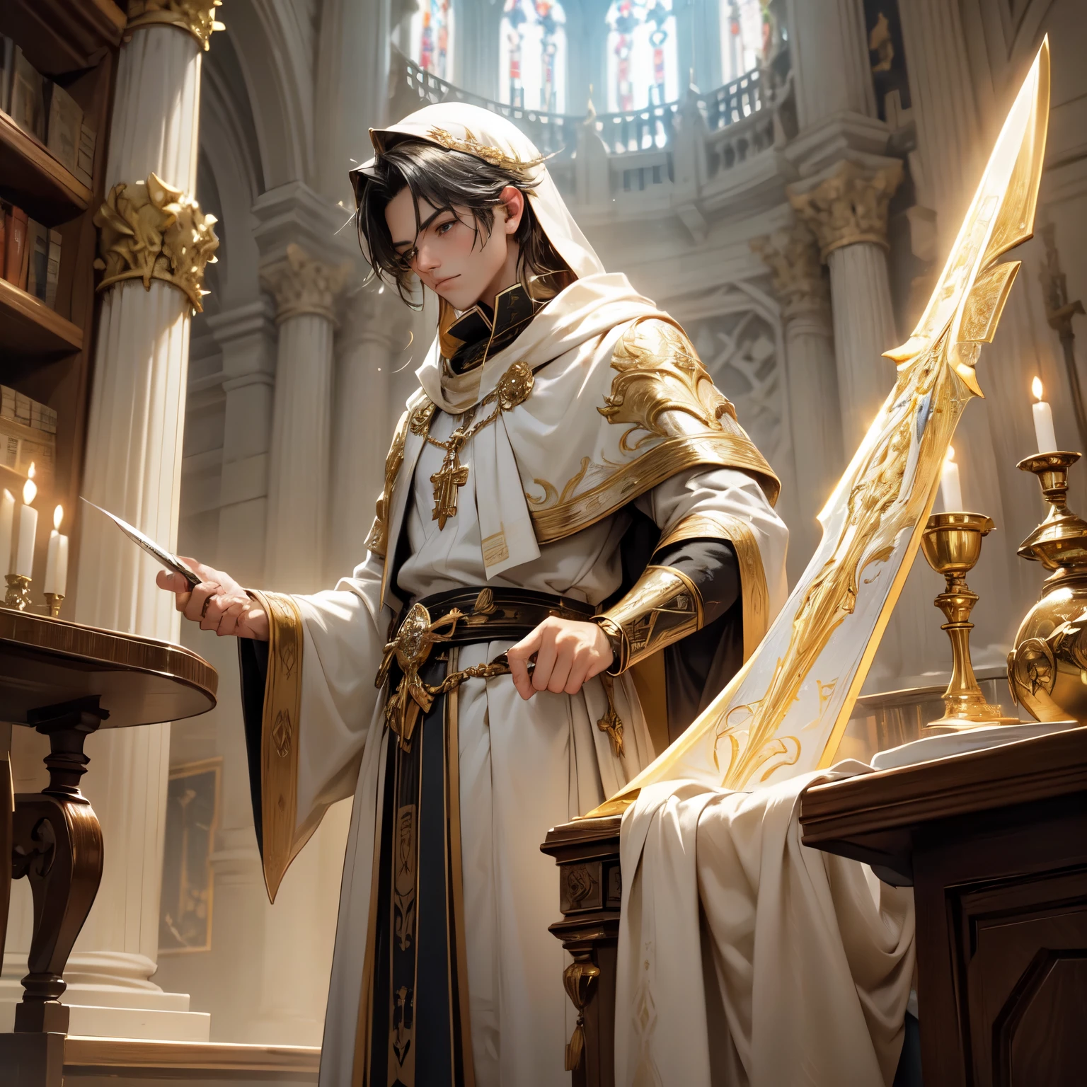 Crie uma imagem digital ultra HD de 8K de um nobre guerreiro Arcebispo sagrado de cabelos ruivos, longos e ondulados, in your castle dormitory. The Archbishop has amber eyes and fair skin. He is dressed in a royal robe of red velvet with gold and silver trim., adornado com joias sagradas que brilham suavemente. Ele usa uma mitra dourada com pedras preciosas, gold bracelets on the wrists and a sacred amulet around the neck. in the dorm, o Arcebispo empunha a Espada de Zeus. The sword is made of celestial gold and emits golden rays, with divine inscriptions along the blade that shine brightly. The hilt of the sword is adorned with small rays and lightning., simbolizando seu poder supremo. He holds the sword in a reflective pose, pronto para meditar sobre suas responsabilidades, while electric sparks dance around you. The Sword of Zeus is known for its ability to control thunder and lightning, e uma aura de poder divino emana dela. The dorm is luxurious, com uma cama de dossel adornada com cortinas de seda, rich wood furniture and plush rugs. Grandes janelas com cortinas pesadas permitem a entrada de luz suave, lighting the space in a welcoming way. Bookshelves and tables with parchments and maps complete the environment for study and introspection. The image should capture the intimacy and serenity of the bedroom, highlighting the Archbishop's interaction with the Sword of Zeus.