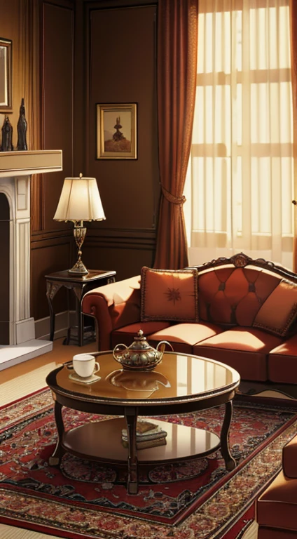 (tmasterpiece, high resolution, ultra - detailed:1.0), (sofe, tea table, Living room,Curtains, hanging lamp, decorations, carpets, fireplace), color difference, Depth of field, dramatic shadow, Ray tracing, Best quality, Cinematic night, detailed CG,Unity 8k wallpaper,offcial art