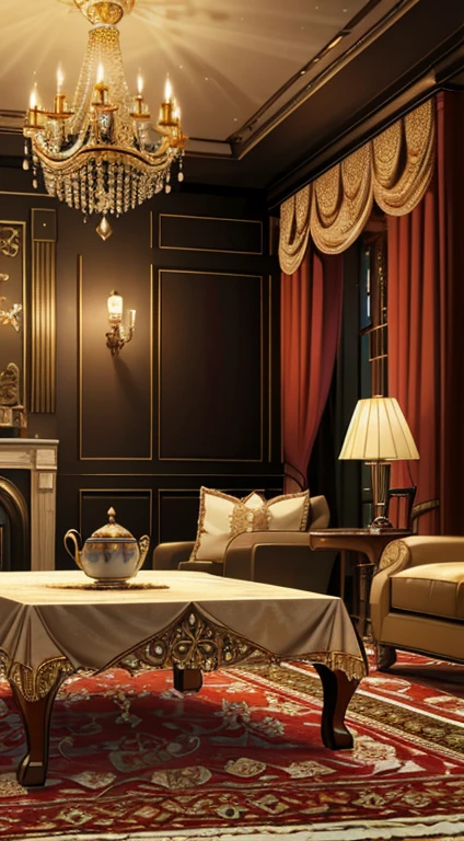 (tmasterpiece, high resolution, ultra - detailed:1.0), (sofe, tea table, Living room,Curtains, hanging lamp, decorations, carpets, fireplace), color difference, Depth of field, dramatic shadow, Ray tracing, Best quality, Cinematic night, detailed CG,Unity 8k wallpaper,offcial art