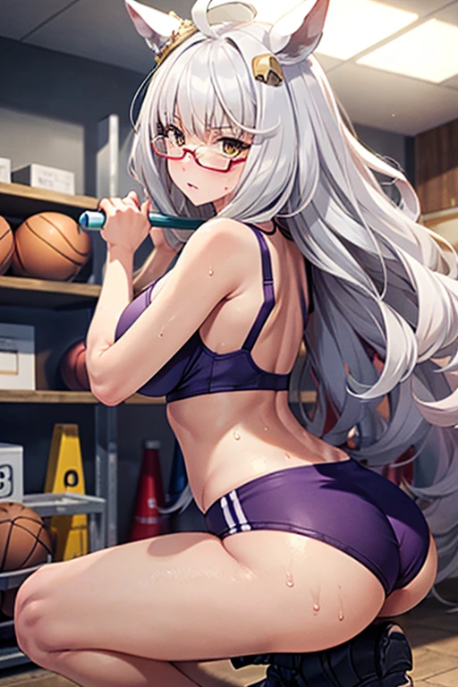 biwa hayahide \(umamusume\) in sexy mini shorts and sports bra, under rim glasses, crouched deadlifting with a bar with her back facing a gym mirror, sweating, High Resulution, UHD, detailed image.