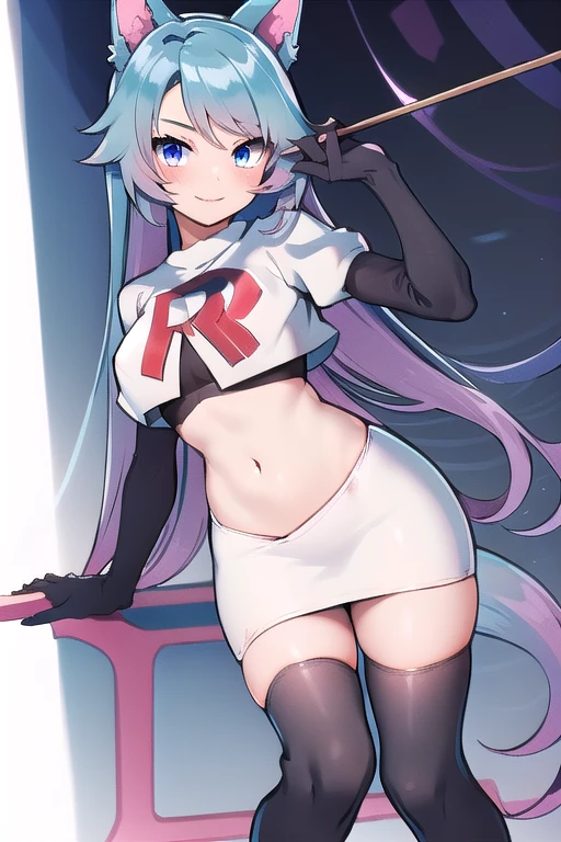 pixel-Silvervale 1girl, team rocket,team rocket uniform,white skirt,red letter R,crop top,black thigh-highs,black elbow gloves, masterpiece, best quality