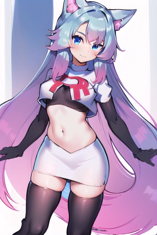 pixel-Silvervale 1girl, team rocket,team rocket uniform,white skirt,red letter R,crop top,black thigh-highs,black elbow gloves, masterpiece, best quality